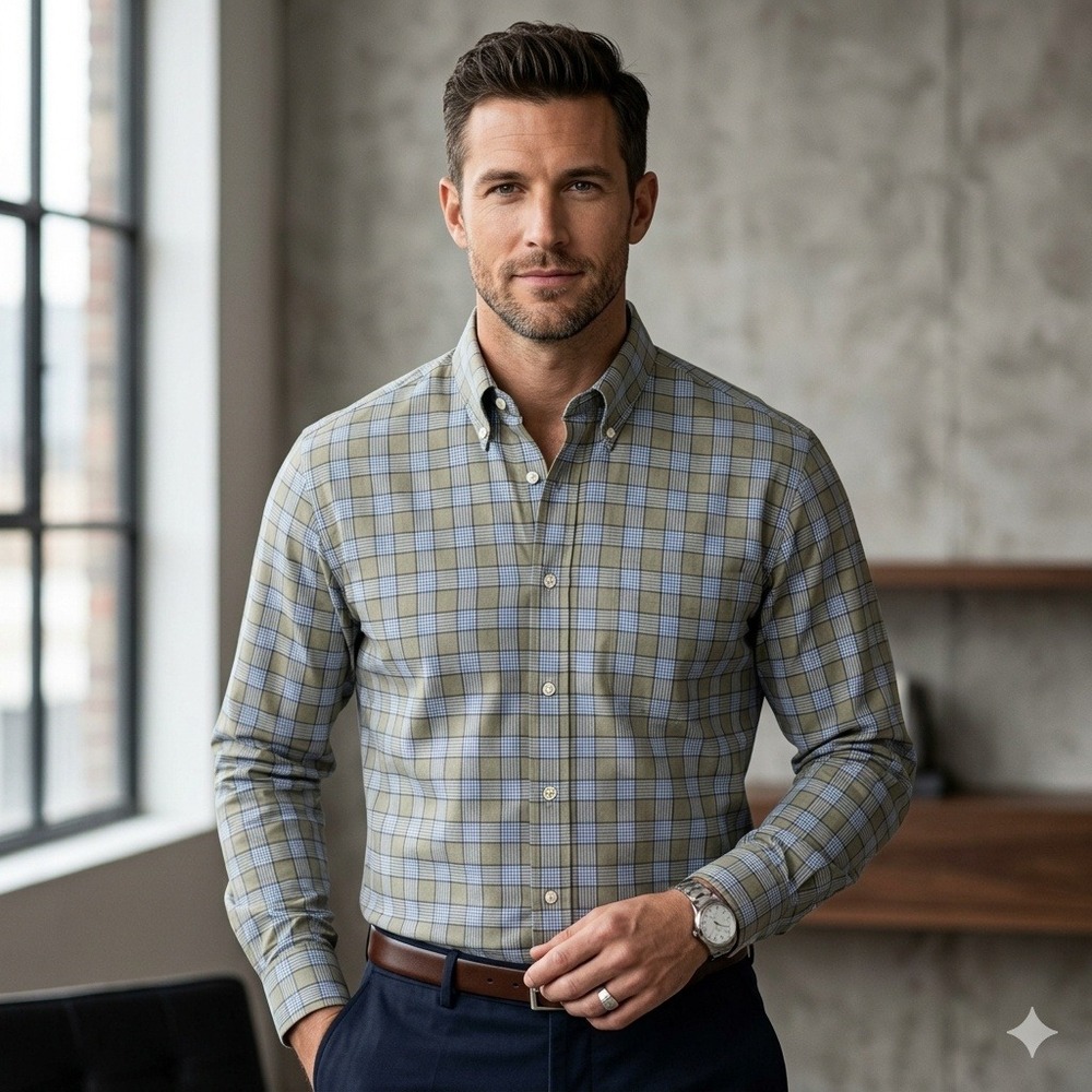 Burberry London Button Down Shirt Mens XL Olive Blue Check Cotton Old Money